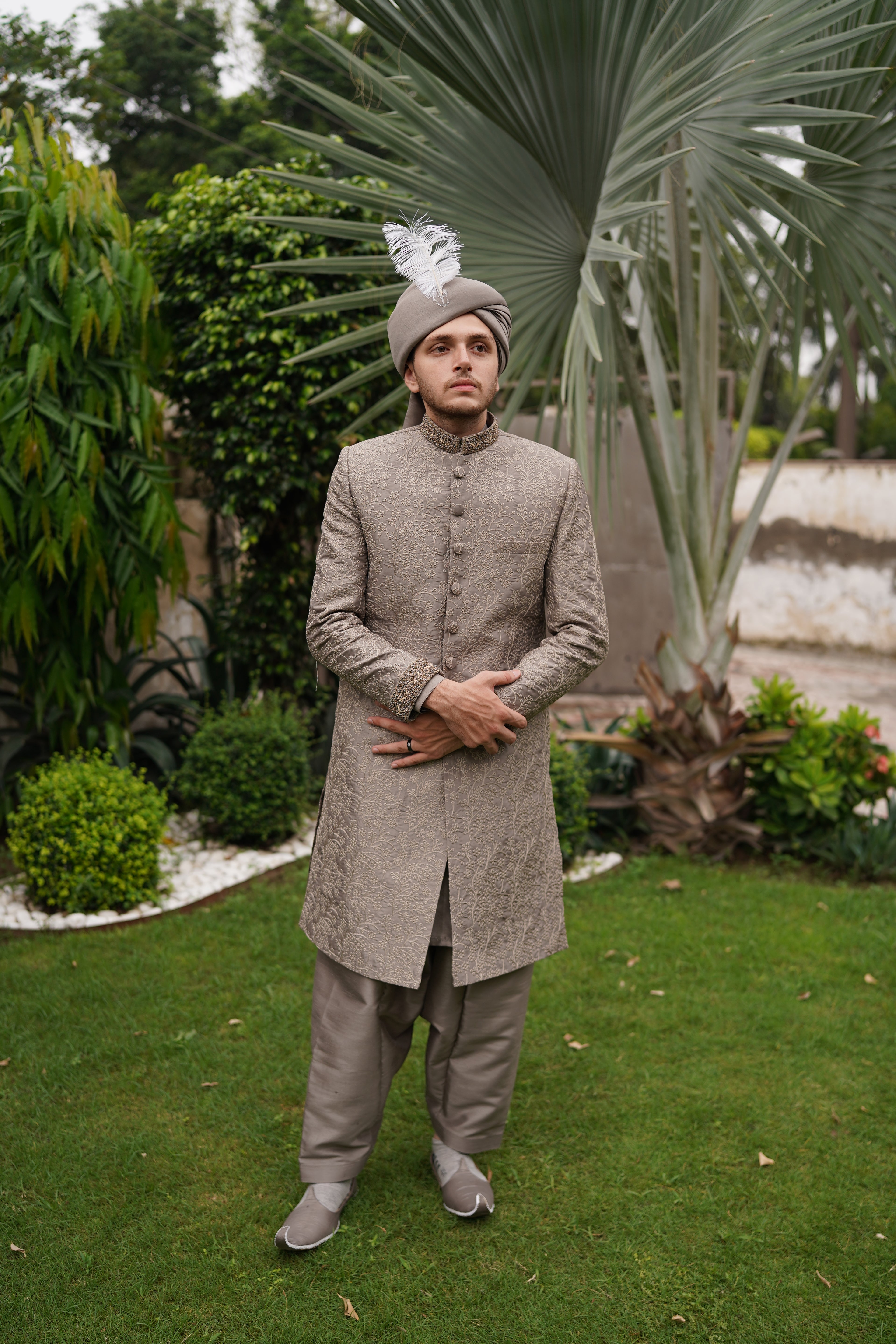 Grey thread embroidered mughal sherwani. Code S111