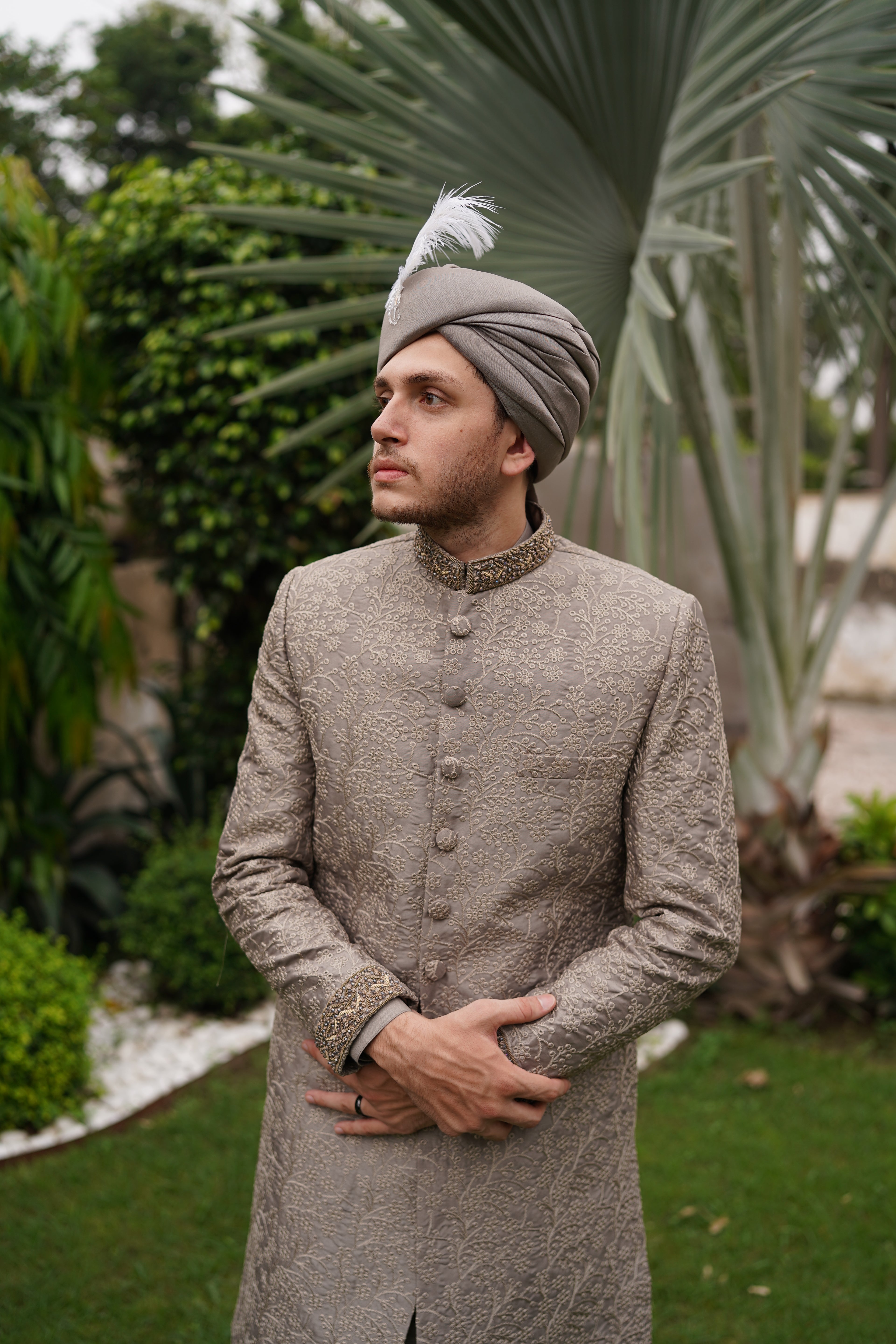 Grey thread embroidered mughal sherwani. Code S111