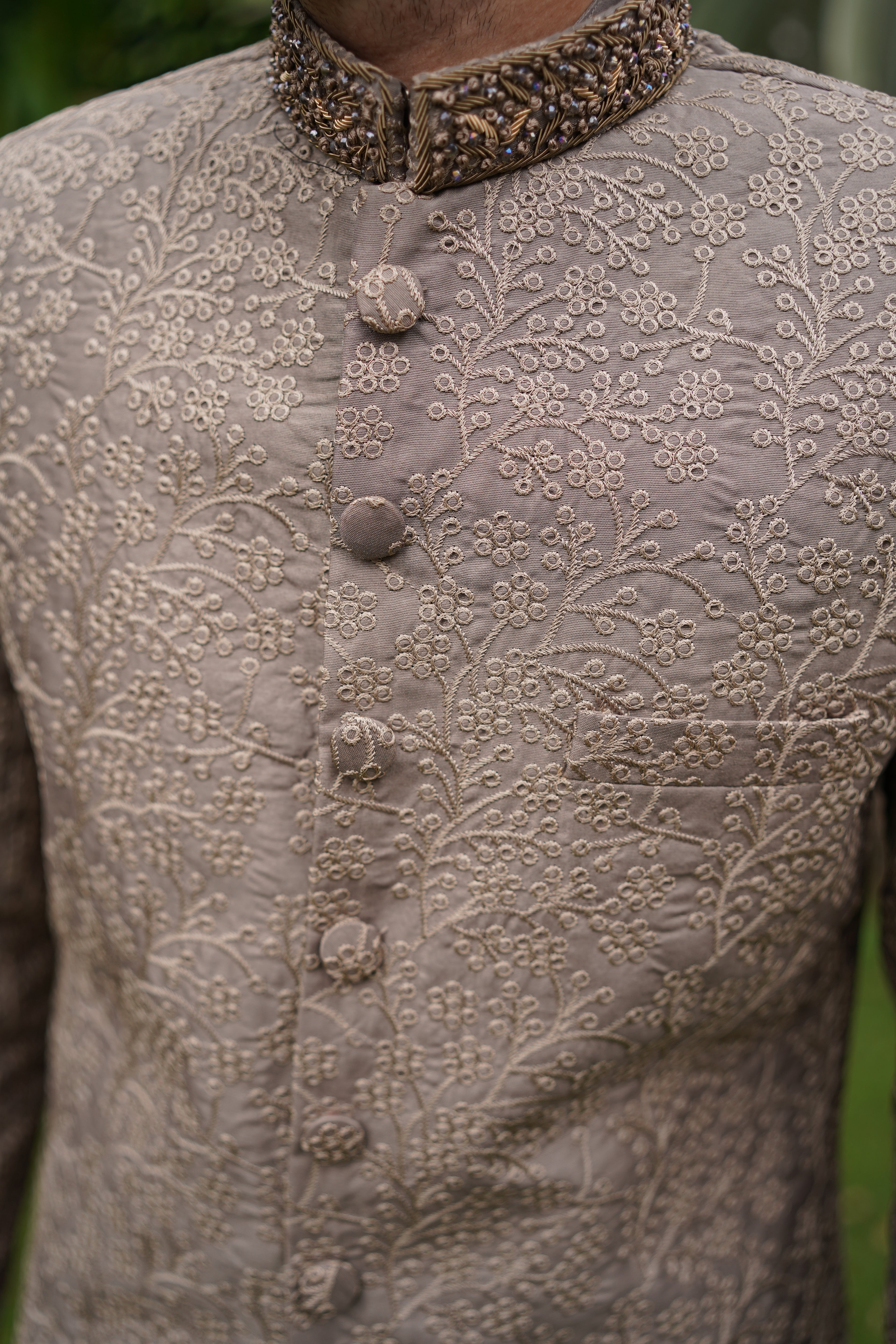 Grey thread embroidered mughal sherwani. Code S111