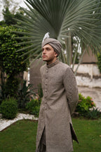 Grey thread embroidered mughal sherwani. Code S111