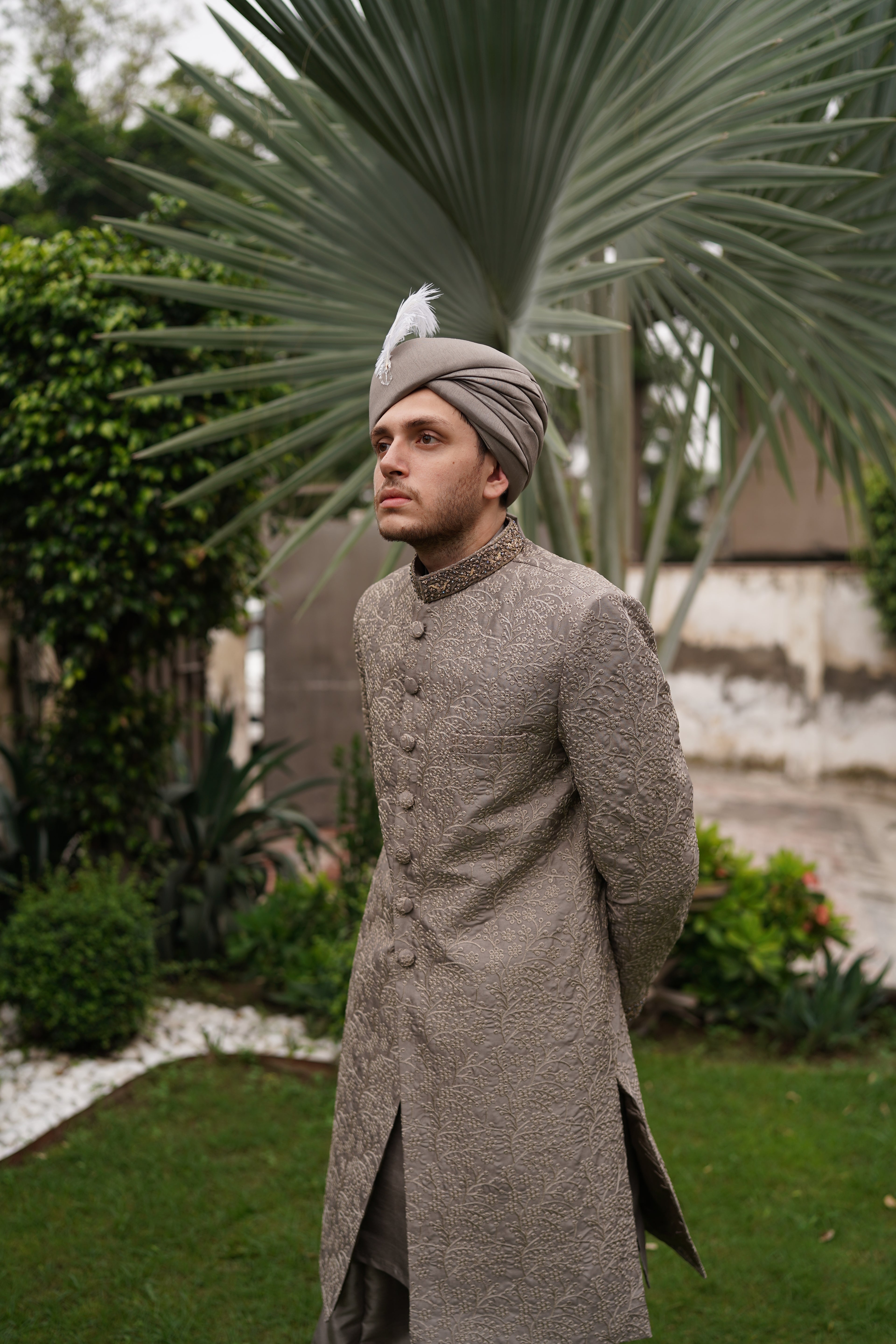 Grey thread embroidered mughal sherwani. Code S111